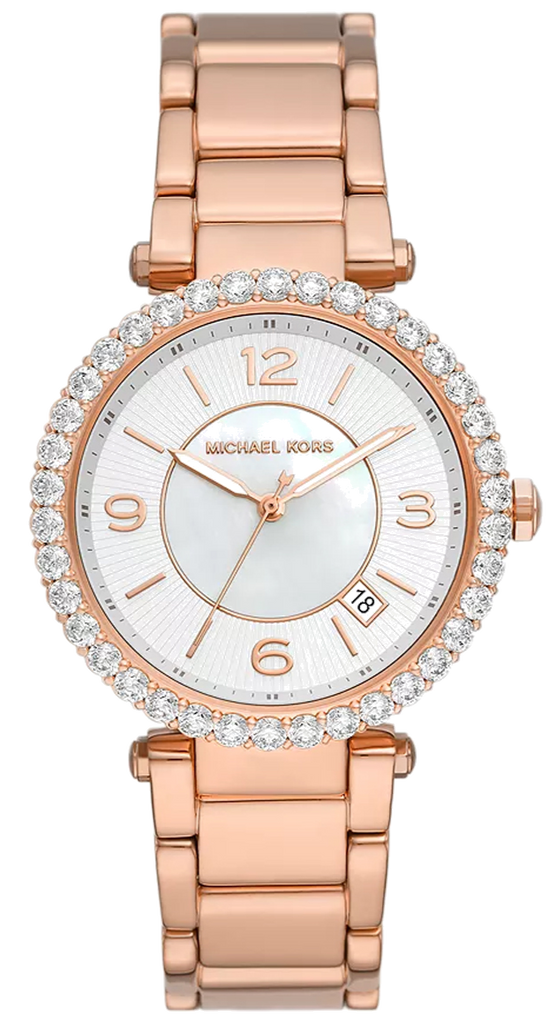 Michael Kors Parker Three-Hand Mother of Pearl White Dial Rose Gold Steel Strap Watch For Women - MK4695