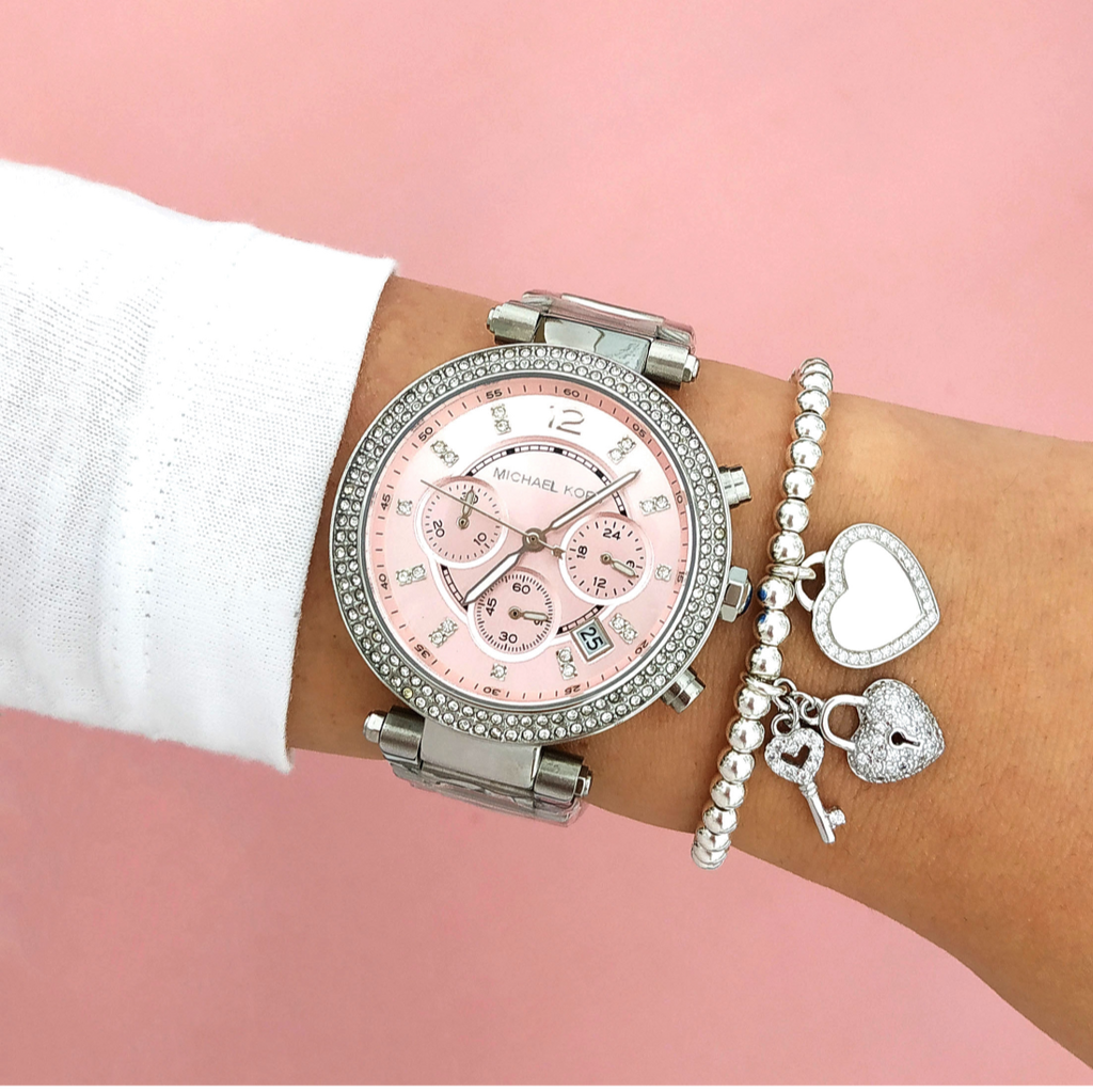 Michael Kors Parker Chronograph Pink Dial Silver Steel Strap Watch For Women - MK6105