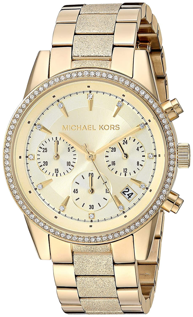 Michael Kors Ritz Chronograph Gold Dial Gold Steel Strap Watch For Women - MK6597