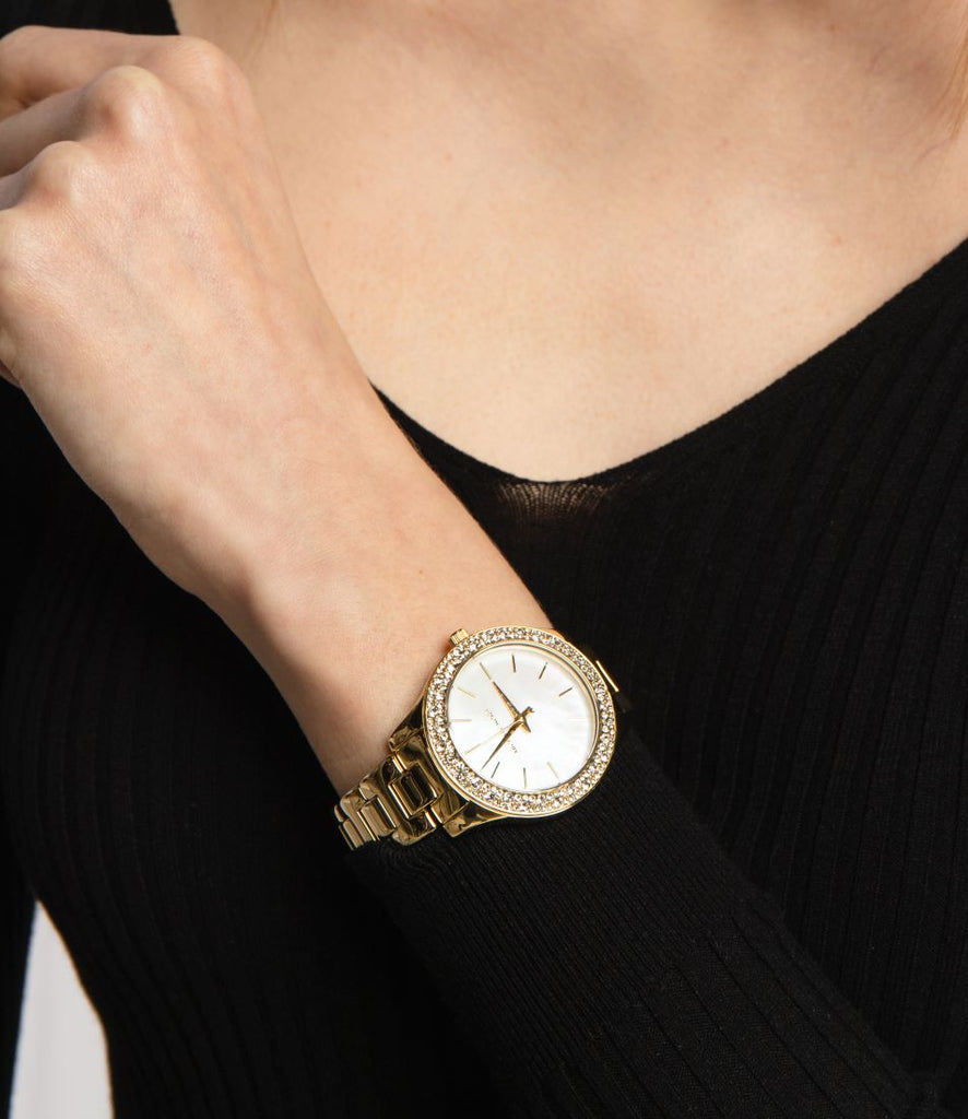 Michael Kors Liliane Mother of Pearl White Dial Gold Steel Strap Watch For Women - MK4555