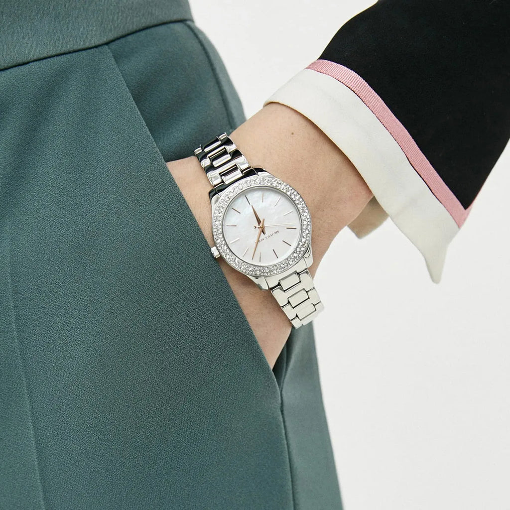 Michael Kors Liliane Three Hand Mother of Pearl White Dial Silver Steel Strap Watch For Women - MK4556