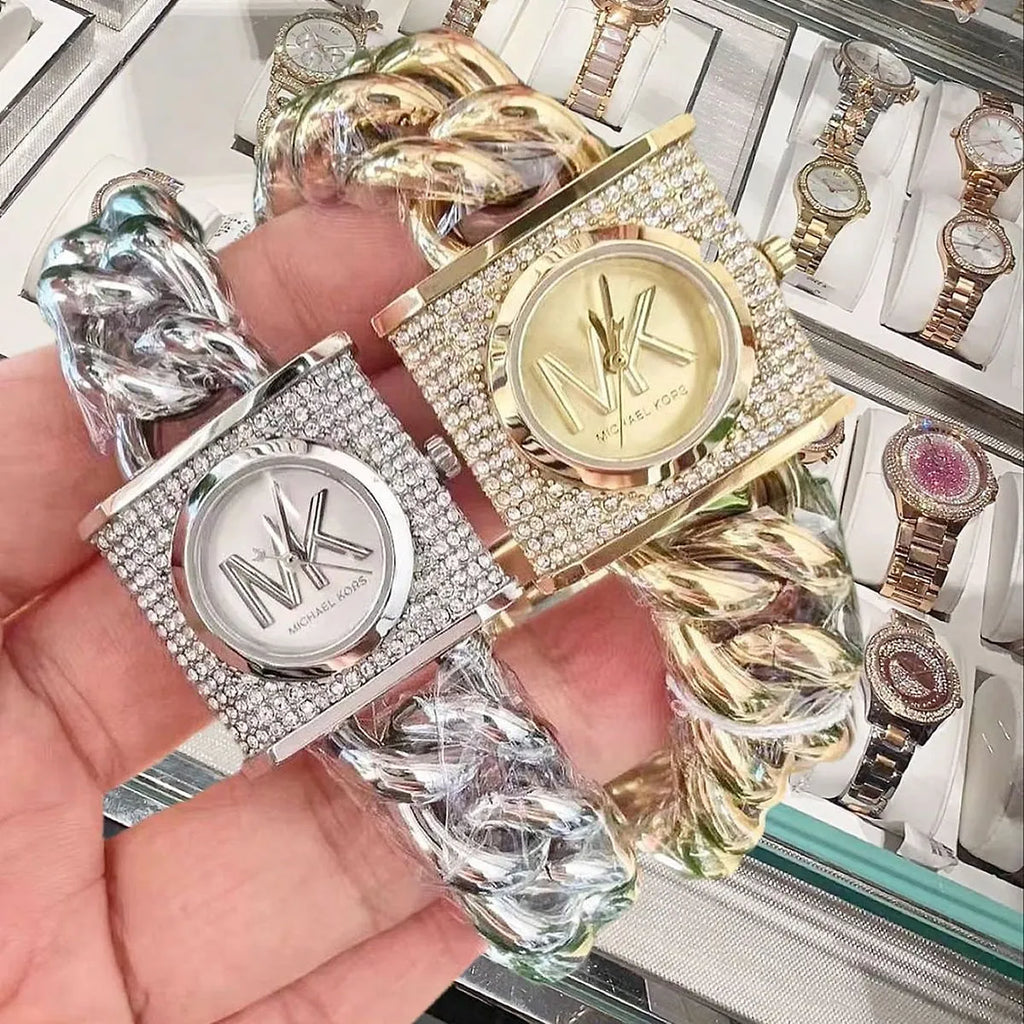 Michael Kors Chain Lock Pave Gold Dial Gold Steel Strap Watch For Women - MK4711