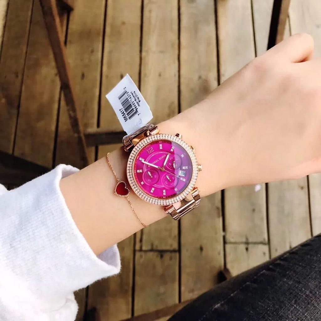 Michael Kors Parker Chronograph Purple Dial Rose Gold Steel Strap Watch For Women - MK6417