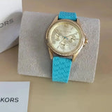 Michael Kors Mini Pilot Quartz Gold Dial Blue Silicone Strap Watch For Women - MK7374