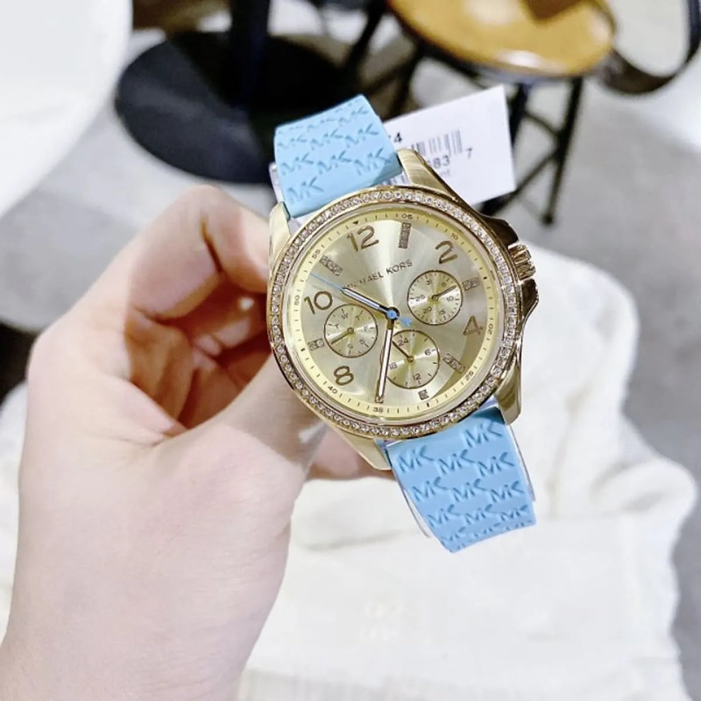 Michael Kors Mini Pilot Quartz Gold Dial Blue Silicone Strap Watch For Women - MK7374