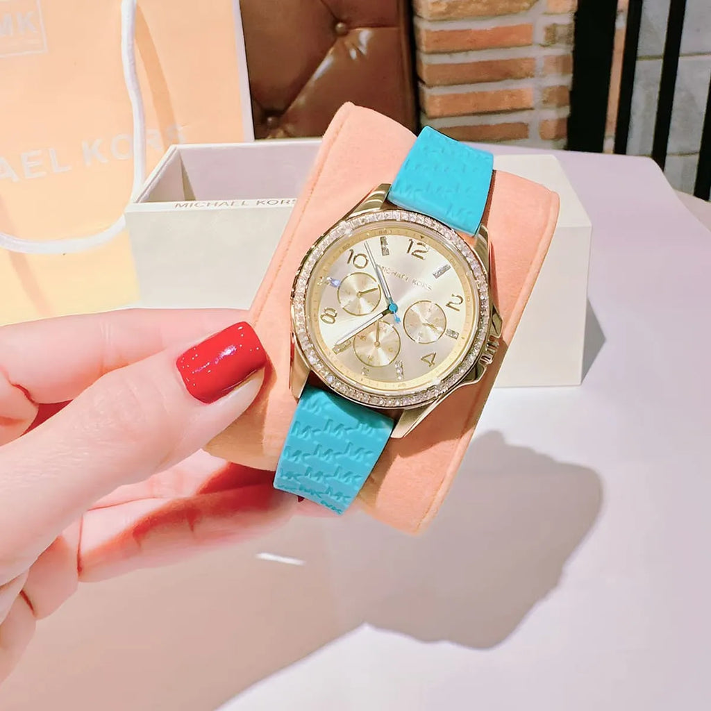 Michael Kors Mini Pilot Quartz Gold Dial Blue Silicone Strap Watch For Women - MK7374