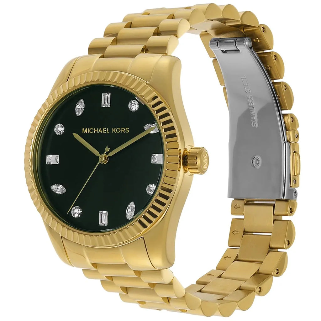 Michael Kors Lexington Three Hand Green Dial Gold Steel Strap Watch For Women - MK7449