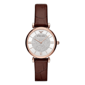 Emporio Armani Gianni T-Bar Silver Dial Brown Leather Strap Watch For Women - AR11269