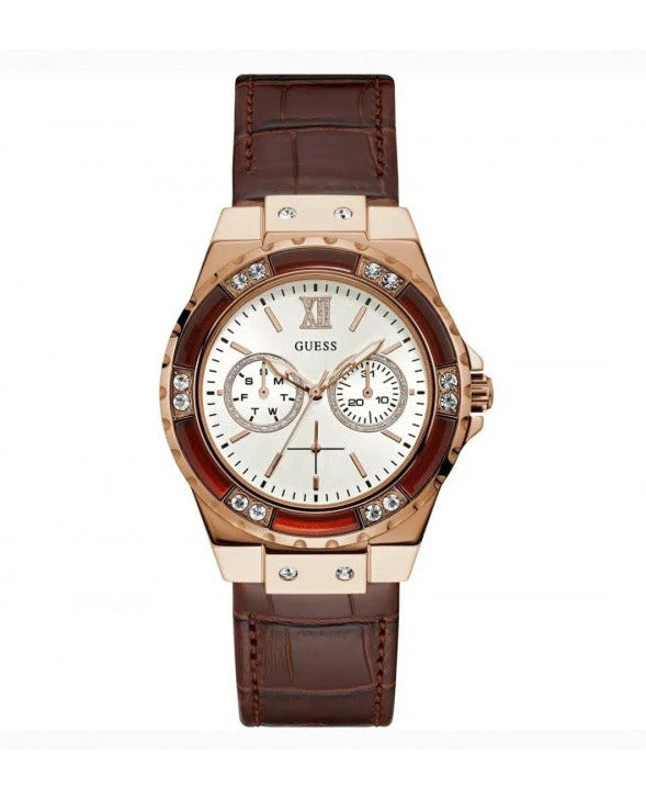 Guess Limelight Analog White Dial Brown Leather Strap Watch For Women - W0775l14