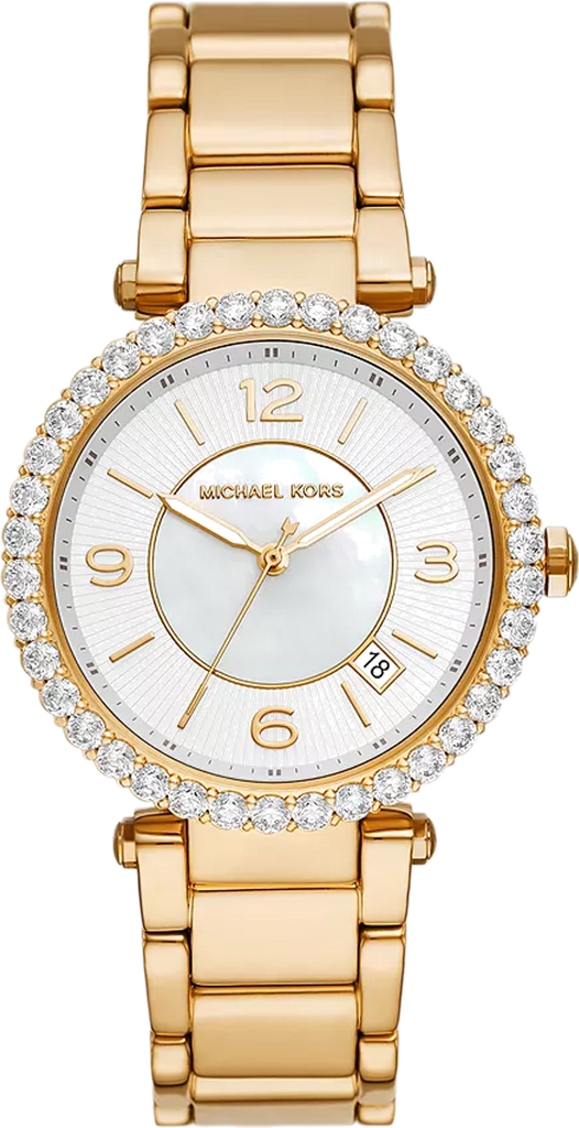 Michael Kors Parker Mother of Pearl White Dial Gold Steel Strap Watch For Women - MK4693