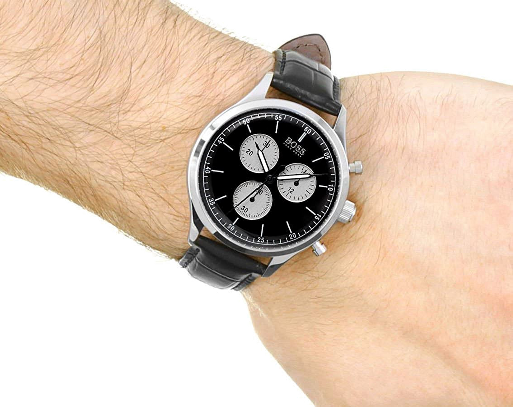 Hugo Boss Companion Black Dial Black Leather Strap Watch for Men - 1513543