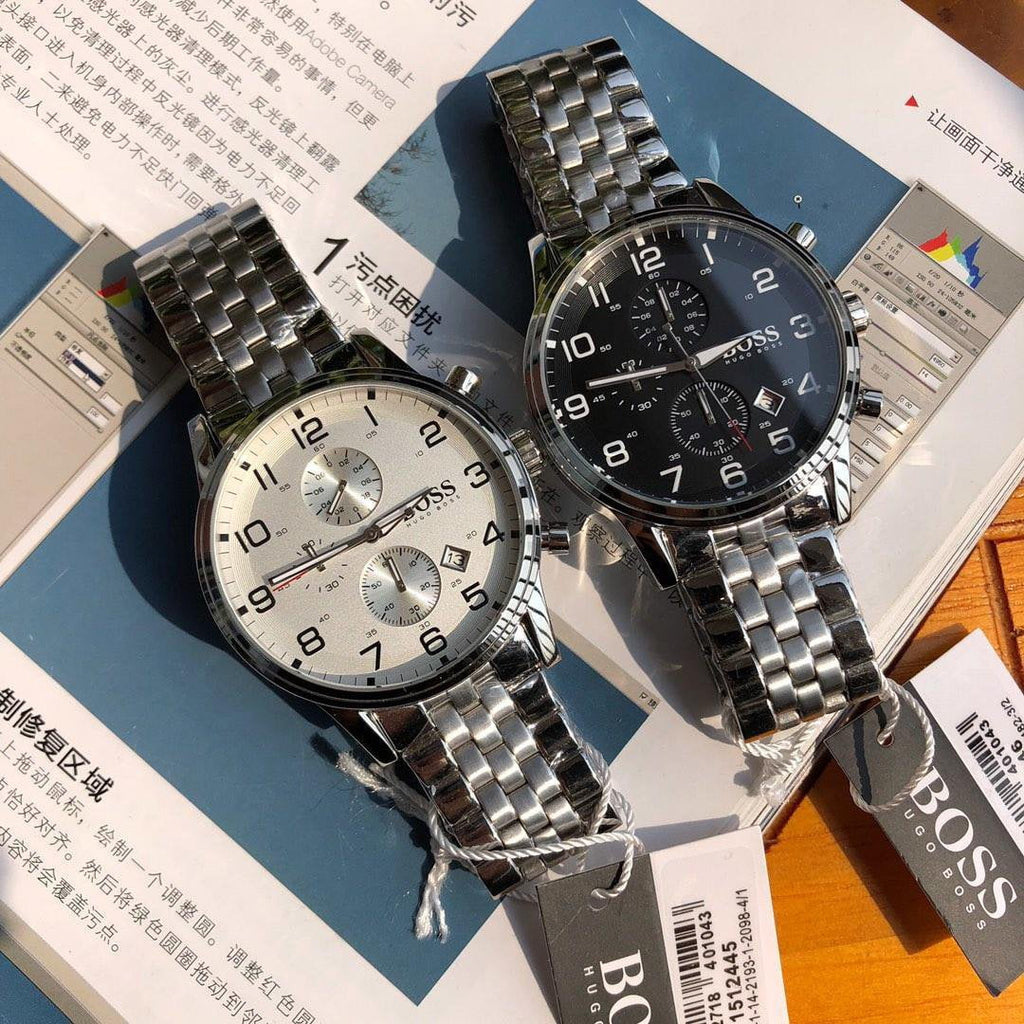 Hugo Boss Aeroliner Chronograph Quartz White Dial Silver Steel Strap Watch For Men - HB1512445