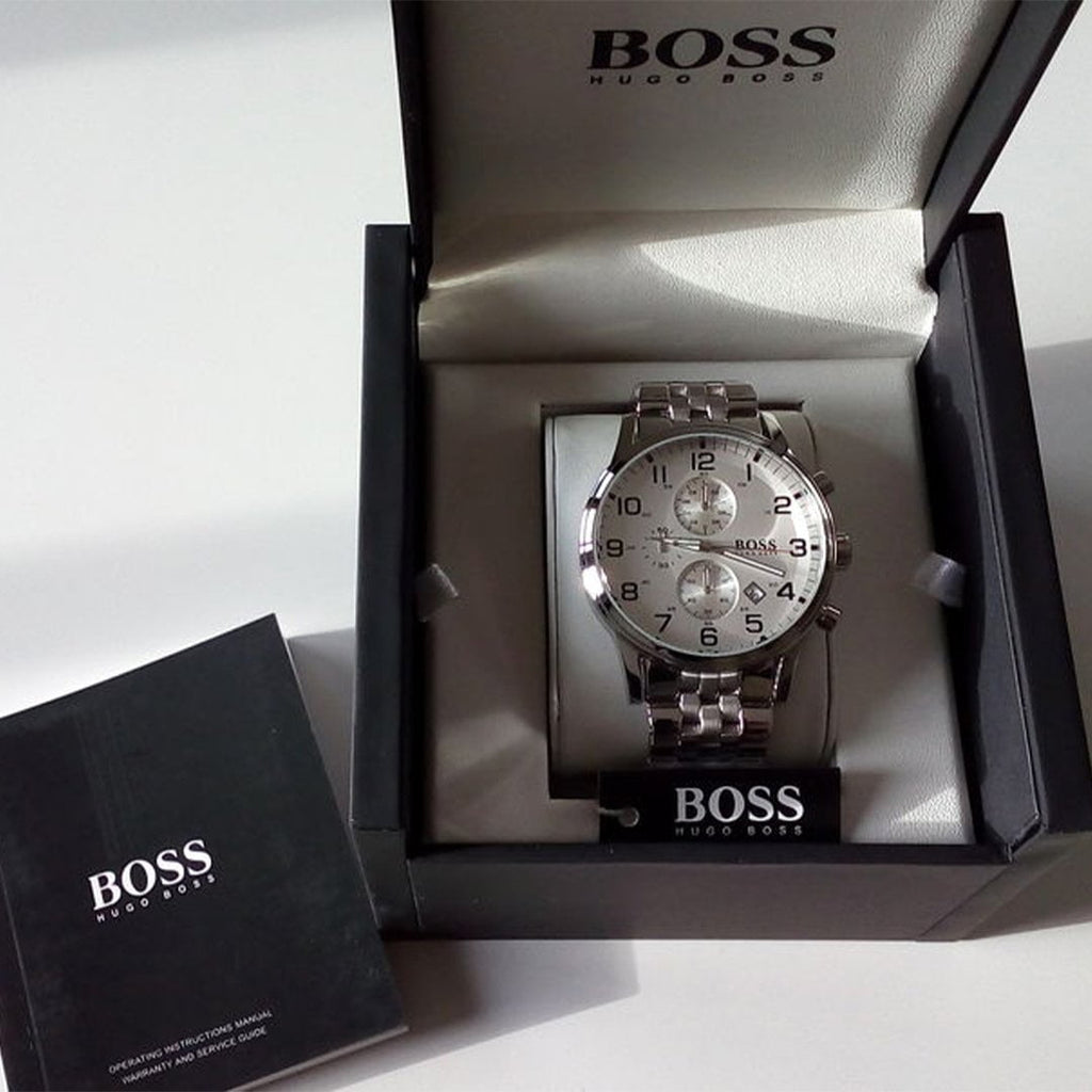 Hugo Boss Aeroliner Chronograph Quartz White Dial Silver Steel Strap Watch For Men - HB1512445
