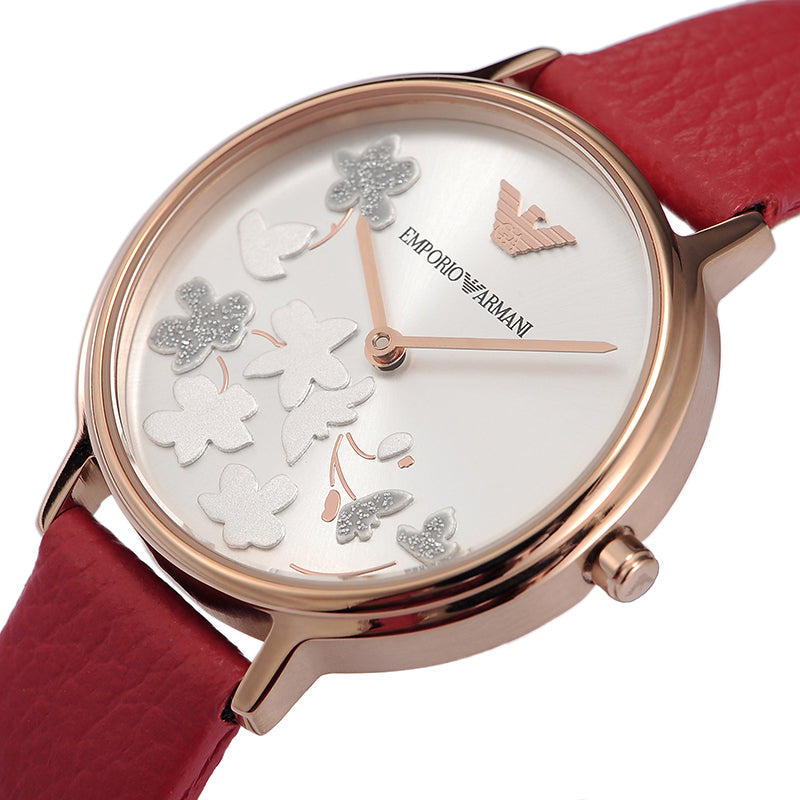 Emporio Armani Kappa Classic Quartz Silver Dial Red Leather Strap Watch For Women - AR11114