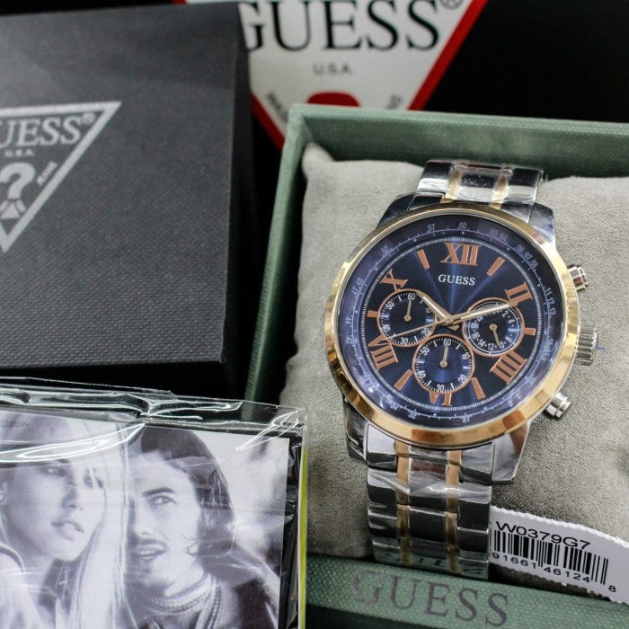 Guess Horizon Chronograph Blue Dial Two Tone Steel Strap Watch For Men - W0379G7