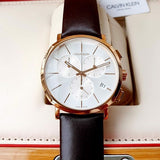 Calvin Klein Posh Chronograph White Dial Brown Leather Strap Watch for Men - K8Q376G6