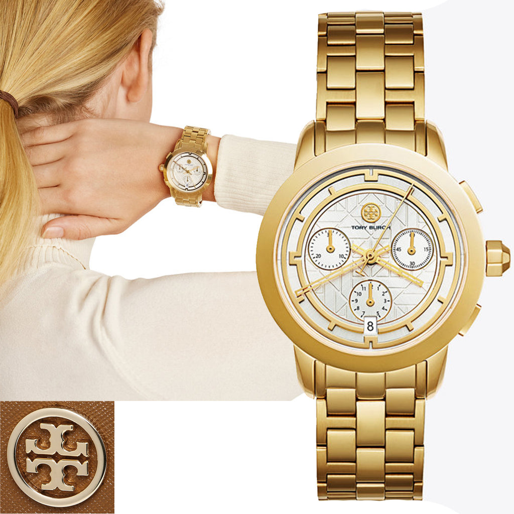 Tory Burch Classic Chronograph White Dial Gold Steel Strap Watch for Women - TBW1032