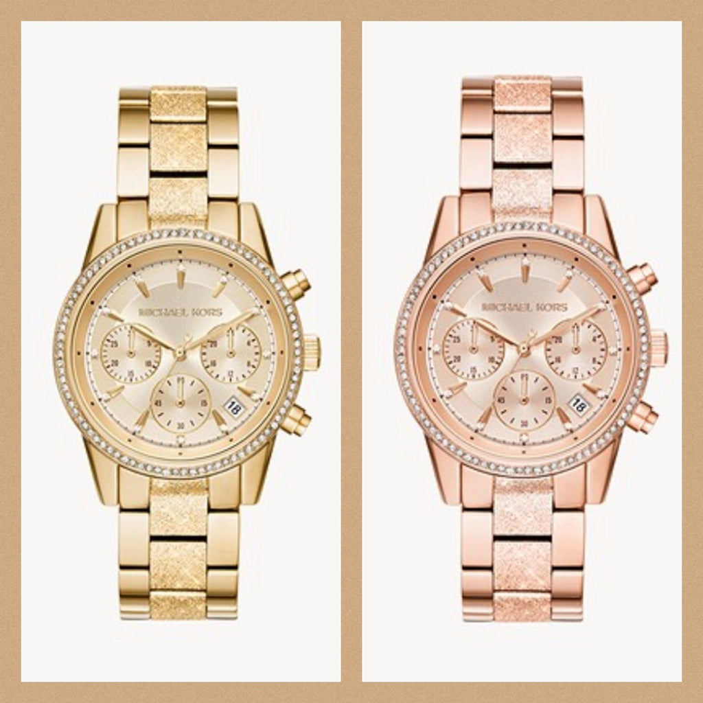 Michael Kors Ritz Chronograph Gold Dial Gold Steel Strap Watch For Women - MK6597
