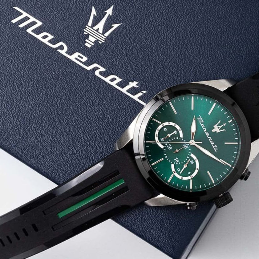 Maserati Traguardo Chronograph Green Dial Black Silicone Strap Watch For Men - R8871612043