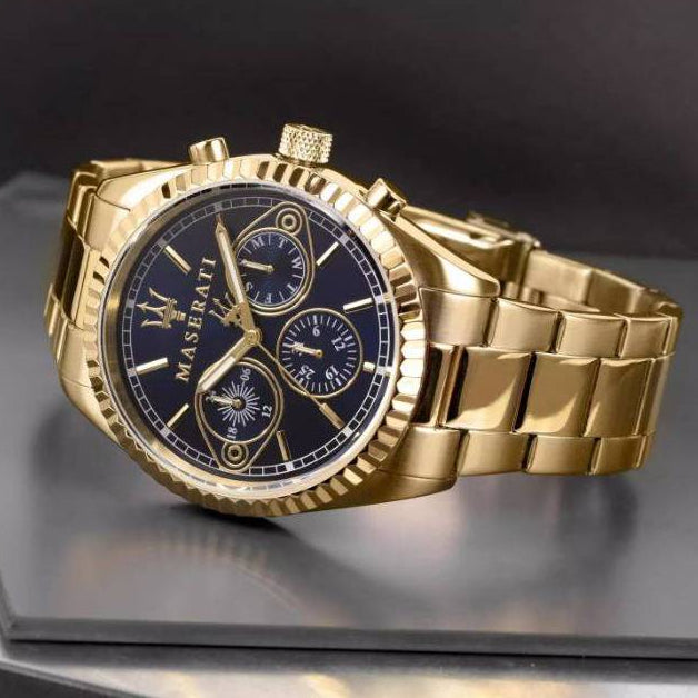 Maserati Competizione Chronograph Blue Dial Gold Steel Strap Watch For Men - R8853100026
