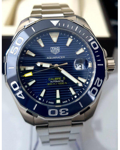 Tag Heuer Aquaracer Calibre 5 Blue Dial Silver Steel Strap Watch for Men - WAY201B.BA0927