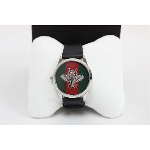 Gucci G Timeless Quartz Green & Red Dial Black Leather Strap Watch For Men - YA1264149