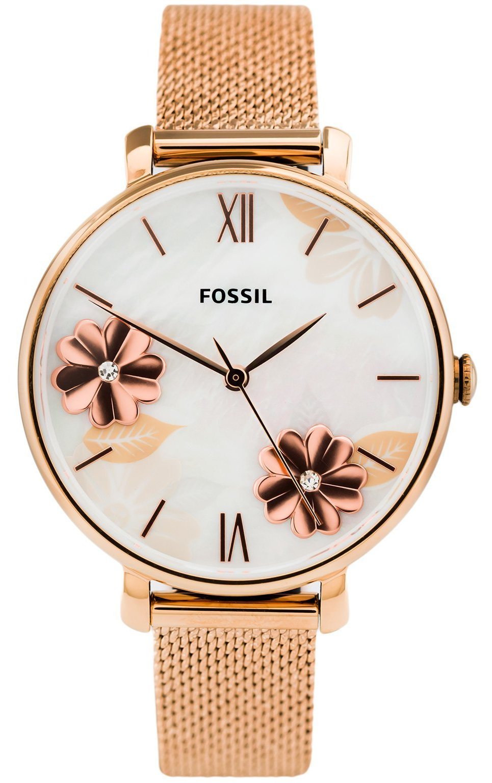 Fossil Jacqueline Three-Hand White Dial Rose Gold Mesh 
