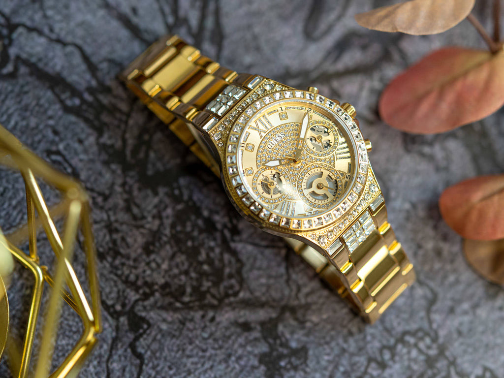 Guess Moonlight Multi Function Diamonds Gold Dial Gold Steel Strap Watch for Women - GW0320L2
