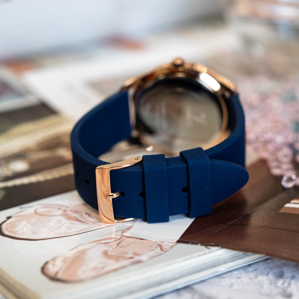 Guess Cubed Analog Rose Gold Dial Blue Leather Strap Watch For Women - GW0665L2