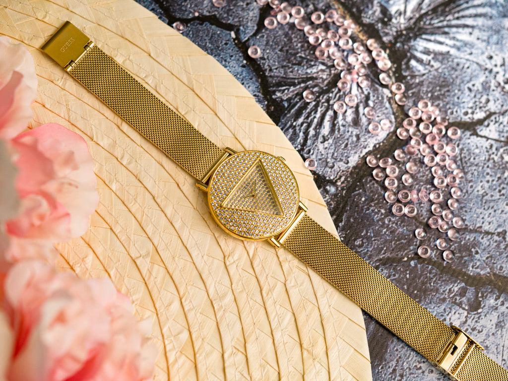 Guess Iconic Diamonds Gold Dial Gold Mesh Bracelet Watch For Women - GW0477L2