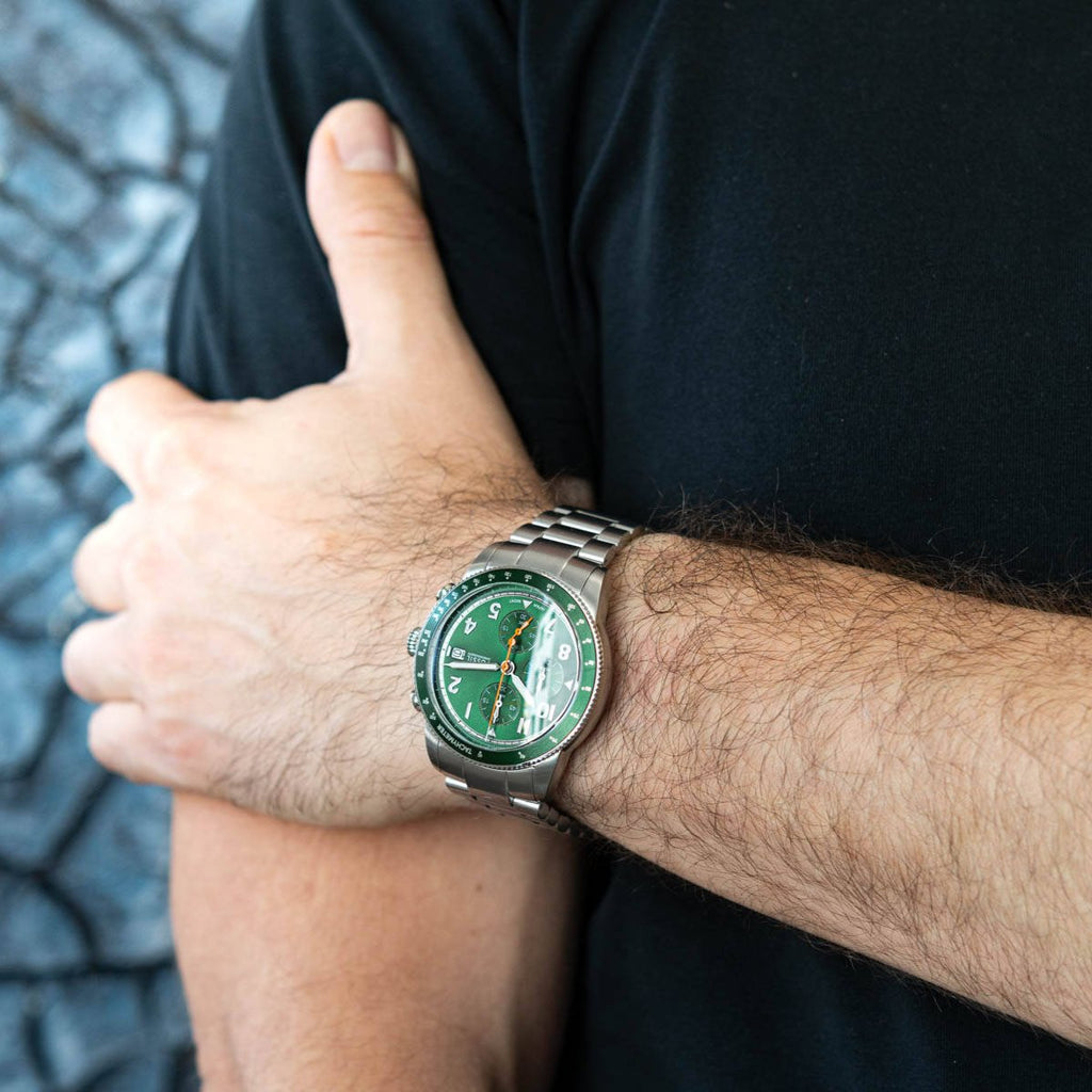 Fossil Sport Tourer Chronograph Green Dial Silver Steel Strap Watch for Men - FS6048