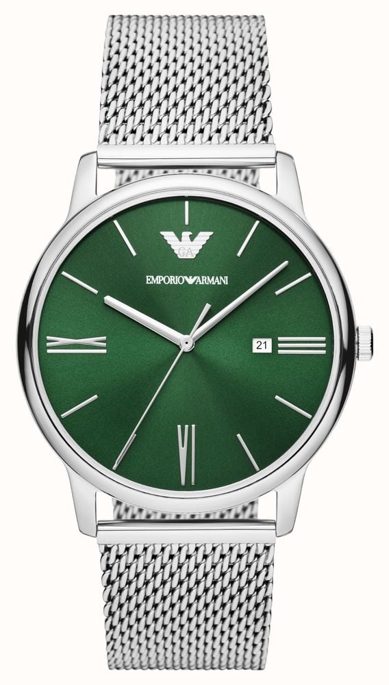 EMPORIO ARMANI メッシュ クリスタル ミュール 39 Emporio Armani Minimalist Quartz Green Dial Silver Mesh Bracelet Watch