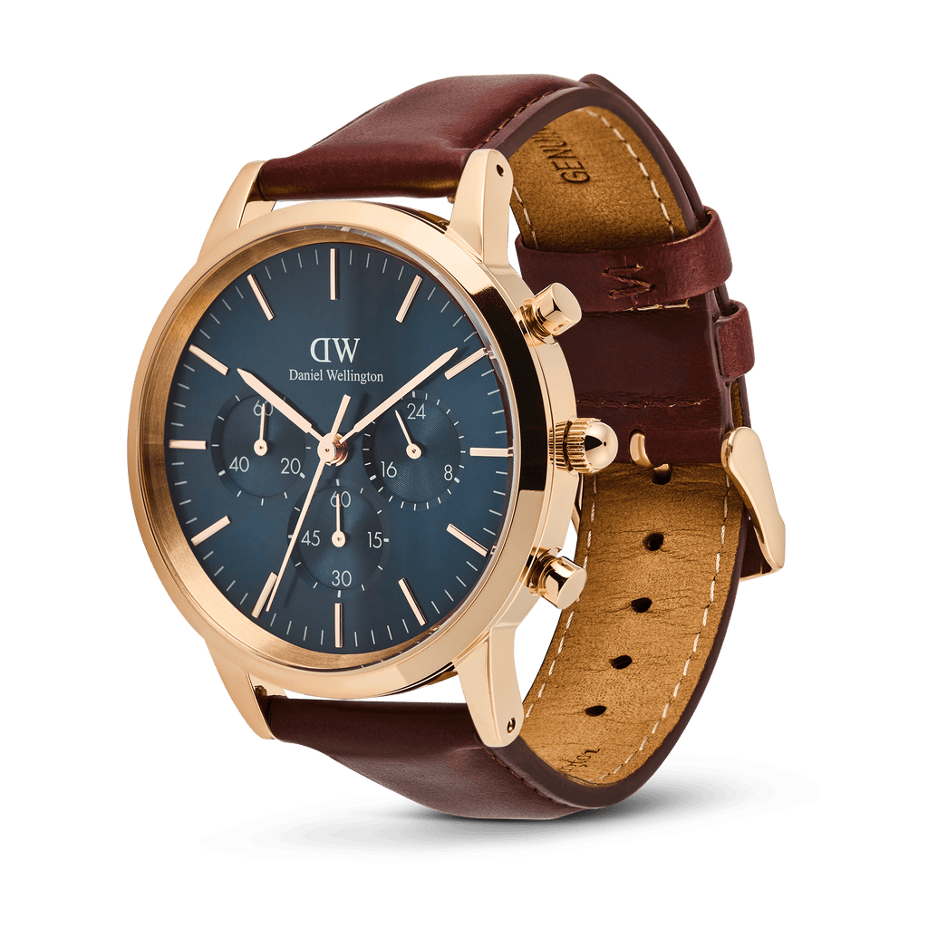 Daniel Wellington Iconic Chronograph Blue Dial Brown Leather Strap Watch For Men - DW00100639