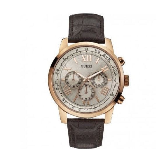 Guess Horizon Quartz Champagne Dial Brown Leather Strap Watch For Women - W0380G4