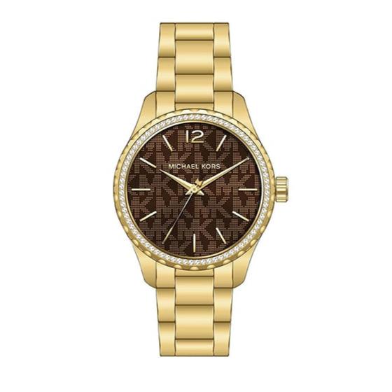 Michael Kors Layton Chronograph Brown Dial Gold Steel Strap Watch For Women - MK7296