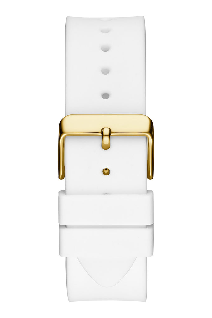Guess Baguette Crystals Gold Dial White Silicone Strap Watch For Men - GW0208G3