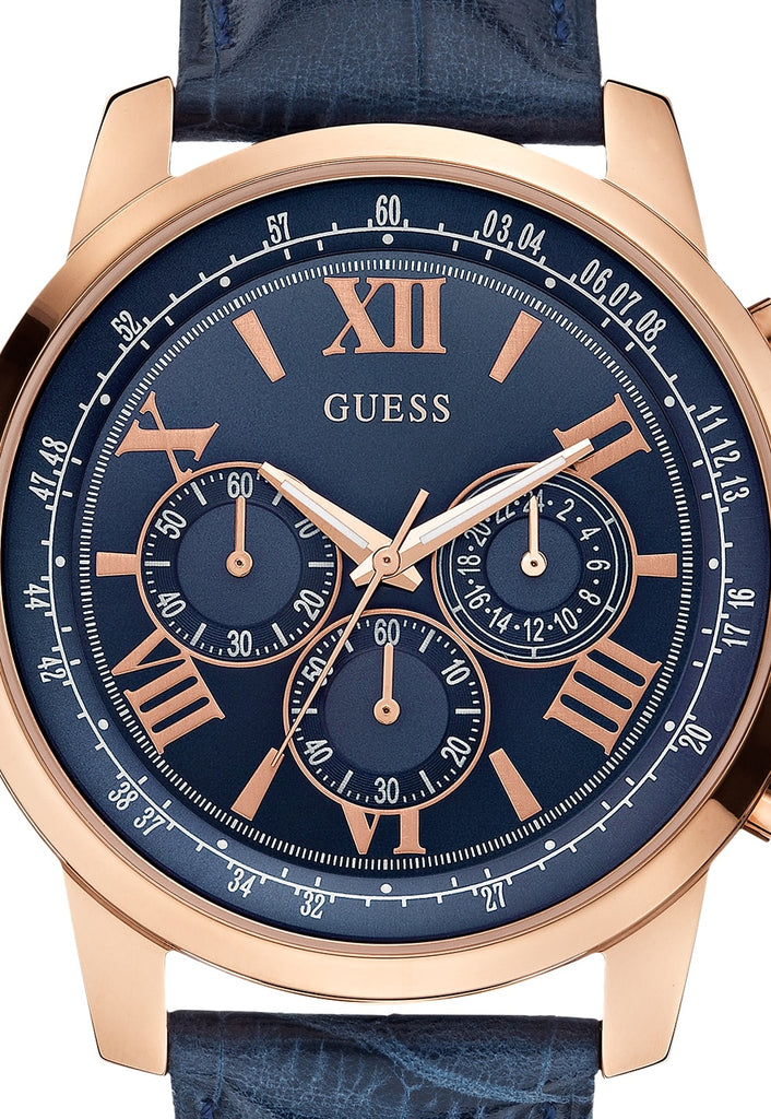 Guess Horizon Chronograph Blue Dial Blue Leather Strap Watch For Men - W0380G5