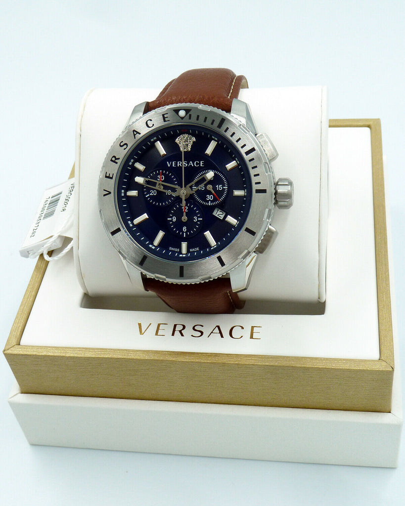 Versace Casual Chronograph Blue Dial Brown Leather Strap Watch for Men - VERG002-18