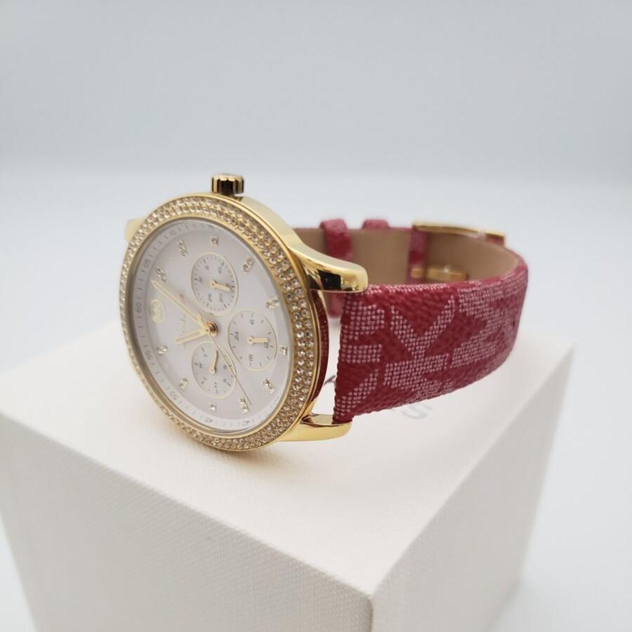 Michael Kors Tibby Multifunction Silver Dial Red Leather Strap Watch For Women - MK2975