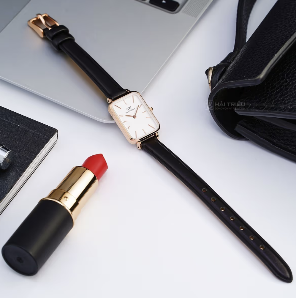 Daniel Wellington Quadro White Dial Black Leather Strap Watch For Women - DW00100434