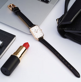 Daniel Wellington Quadro White Dial Black Leather Strap Watch For Women - DW00100434