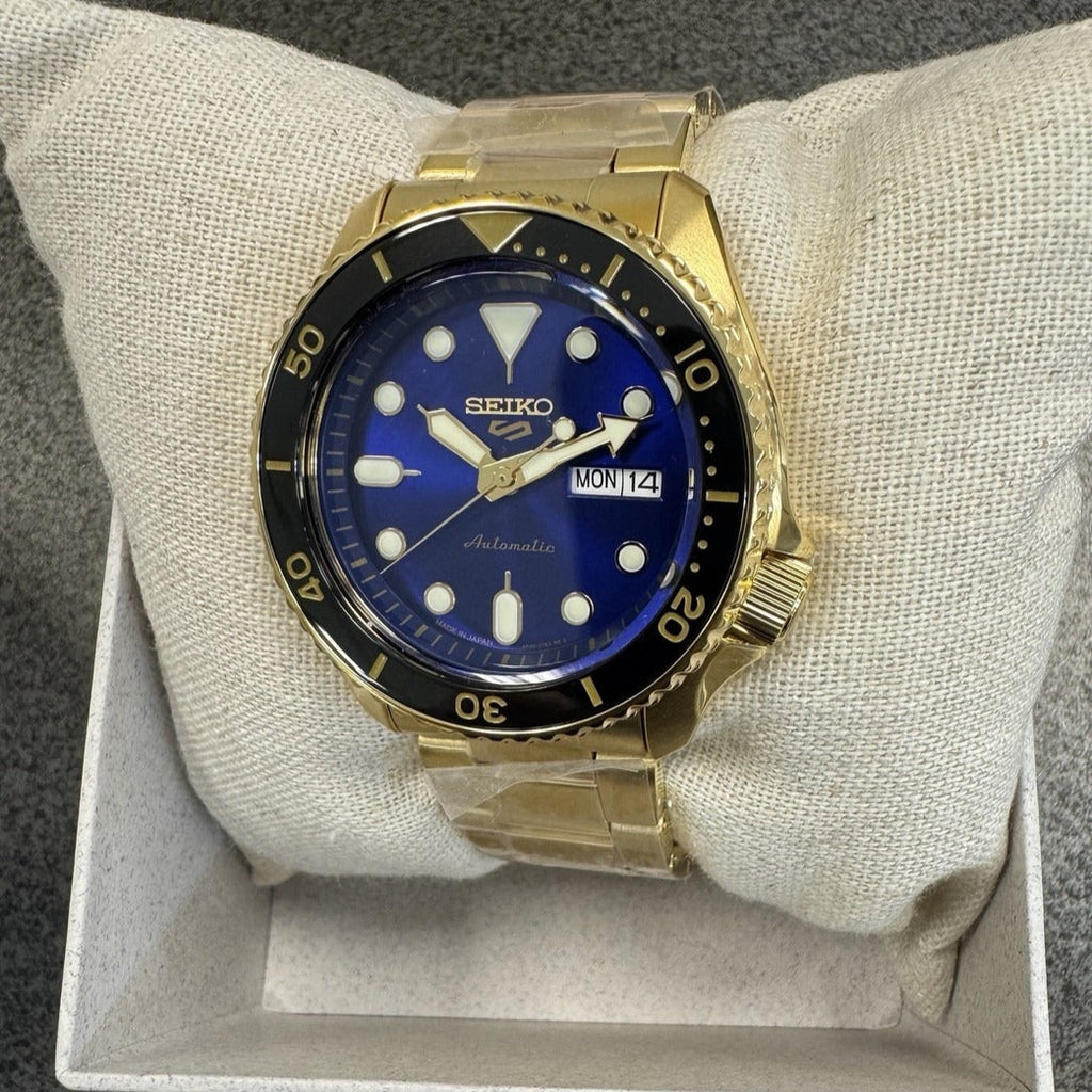 Seiko 5 Sports US Special Edition Automatic Blue Dial Gold Steel Strap Watch For Men - SRPK20