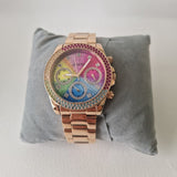 Guess Confetti Chronograph Rainbow Dial Gold Steel Strap Watch For Women  - GW0483L4