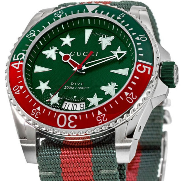Gucci Dive Quartz Green Dial Two Tone NATO Strap Watch For Men - YA136339