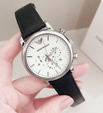 Emporio Armani Classic Quartz Chronograph White Dial Black Leather Strap Watch For Men - AR1807