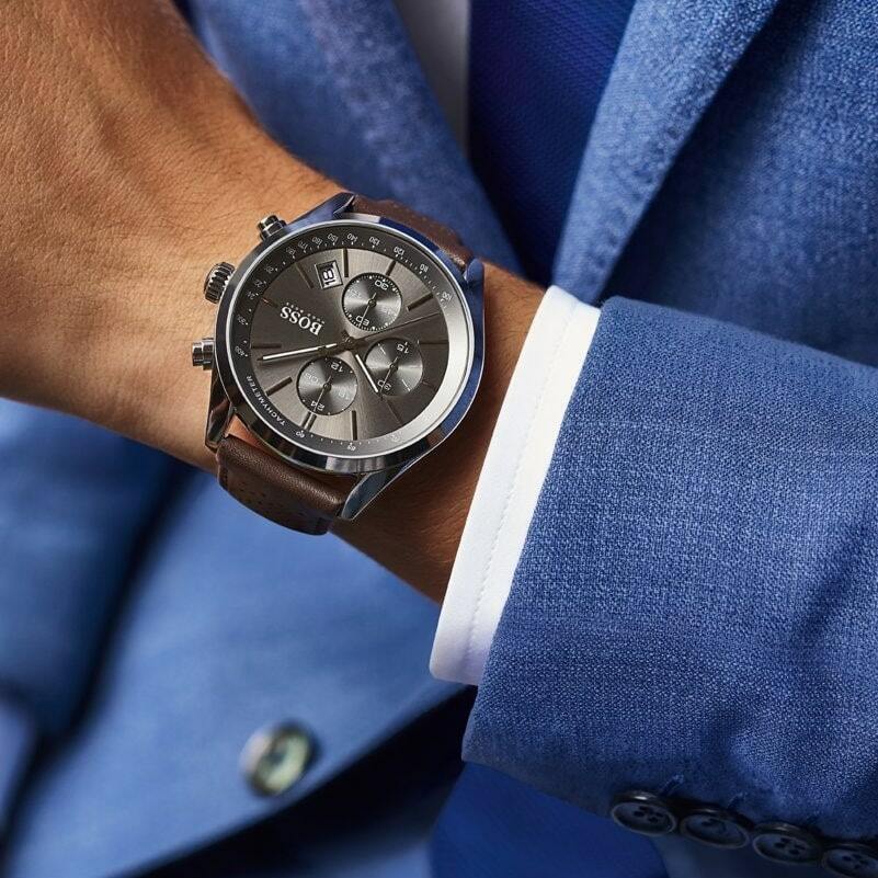 Hugo Boss Grand Prix Grey Dial Brown Leather Strap Watch for Men -  1513476