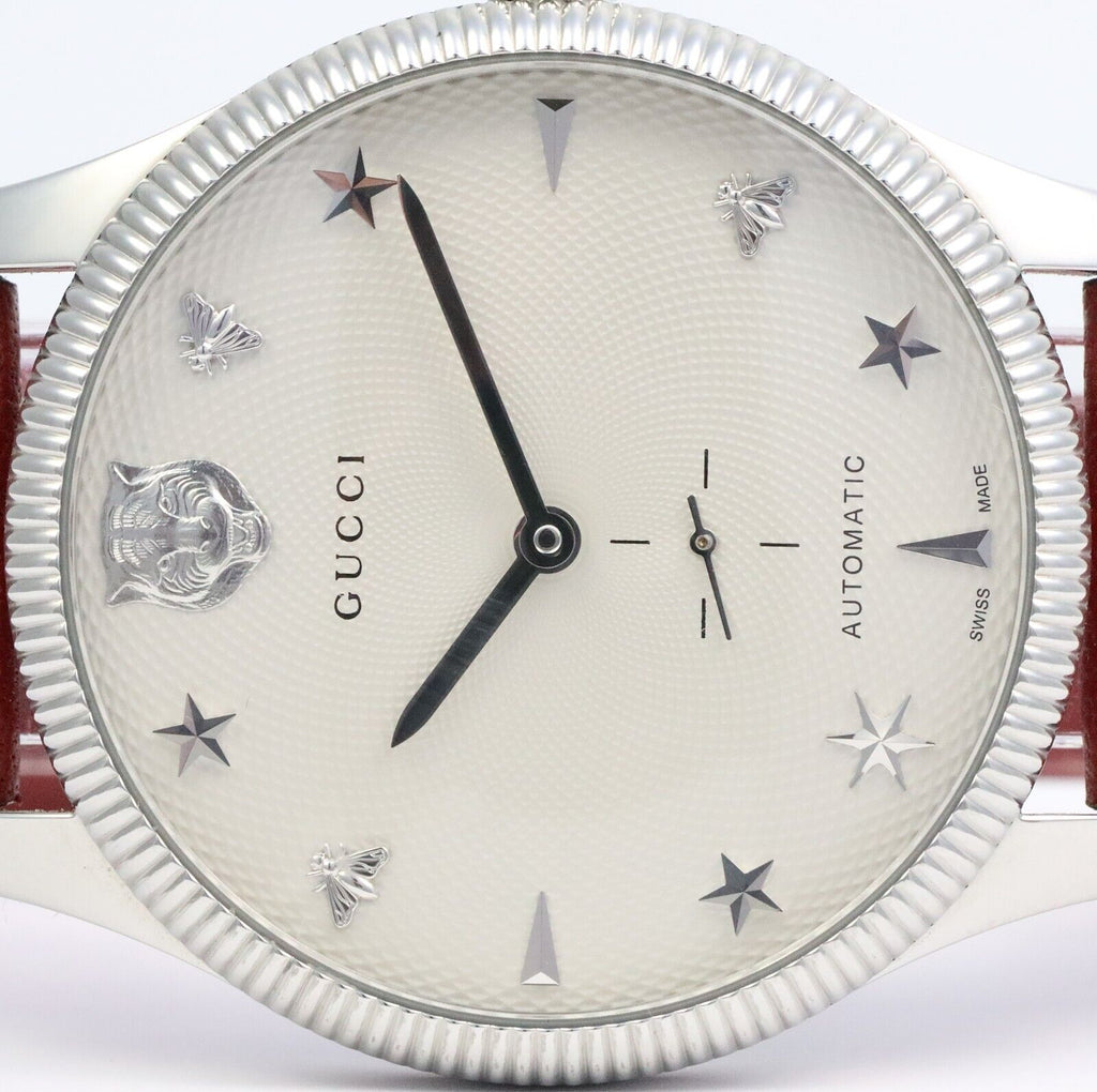 Gucci G Timeless Automatic Silver Dial Red Leather Strap Watch For Men - YA126346