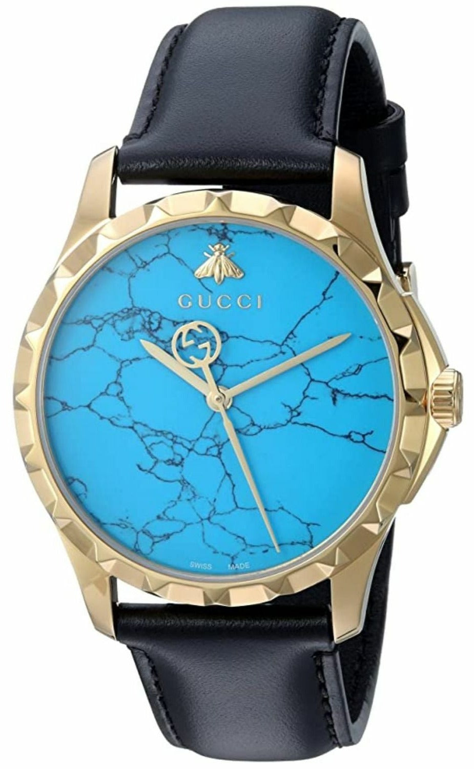 GUCCI ブラック ゴールド アナログ腕時計 Gucci G Timeless Turquoise Blue Dial Black Leather Strap Watch For Men