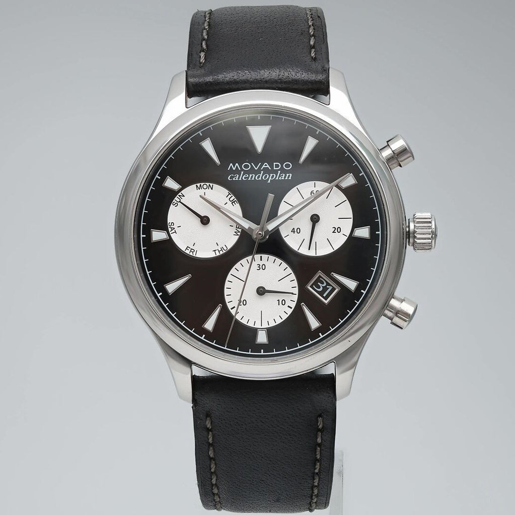 Movado Heritage Chronograph Black Dial Black Leather Strap Watch for Men - 3650005