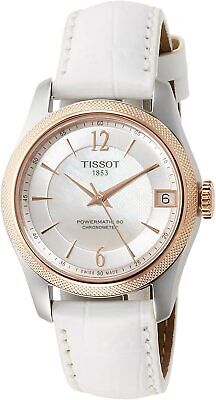 Tissot T-Classic Powermatic 80 Mother of Pearl Silver Dial White Leather Strap Watch For Women - T108.208.26.117.00
